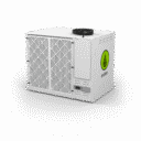 White outdoor air conditioning unit with a green logo, featuring a mesh grille and control panel on the side.