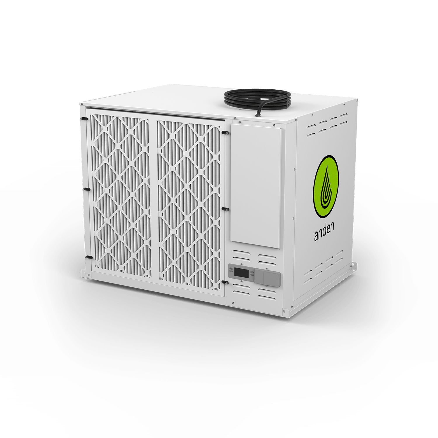 White outdoor air conditioning unit with a green logo, featuring a mesh grille and control panel on the side.