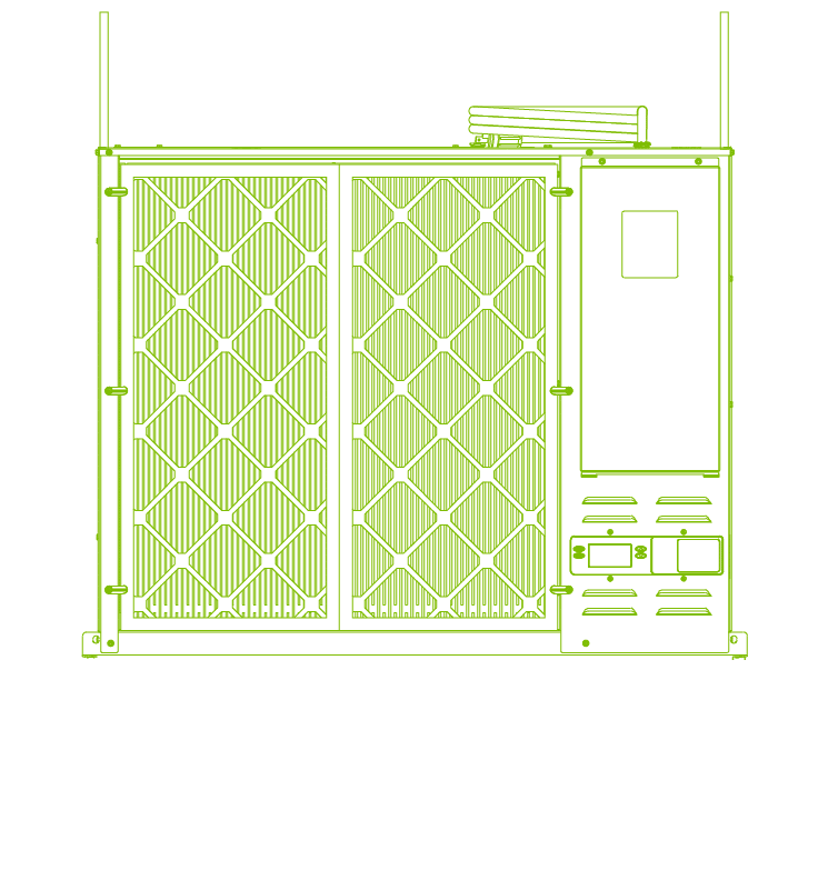 Contour vert d'une grande unité de climatisation industrielle avec des panneaux à motif losange et un panneau de commande sur le côté.