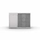 A white air conditioning unit with a grid pattern on one side and a smooth panel on the other, set against a plain background.