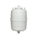 White cylindrical tank with multiple connectors on top and a single outlet at the bottom, designed for fluid storage.