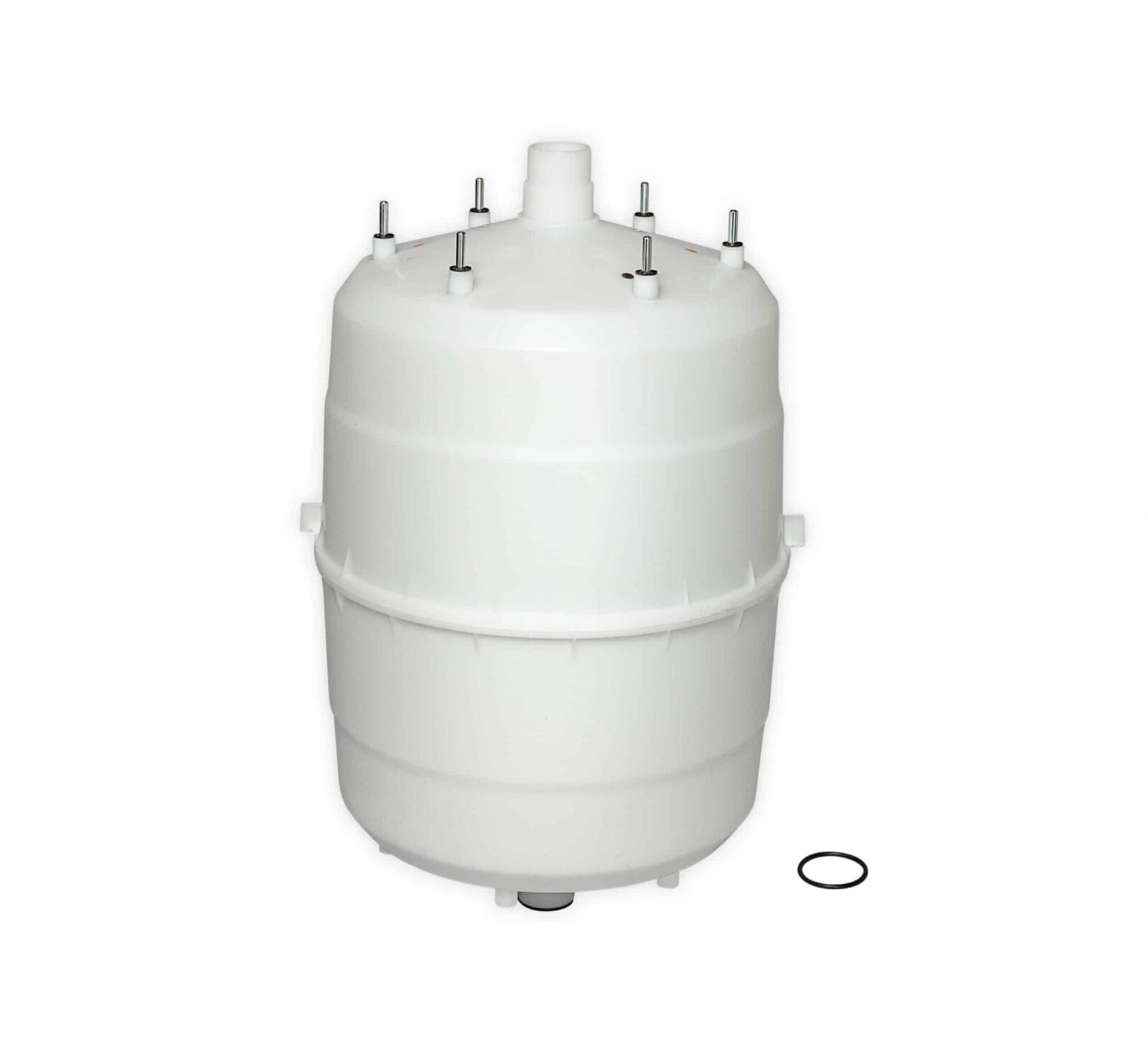 Réservoir cylindrique blanc avec plusieurs connecteurs sur le dessus et un joint torique noir à côté.