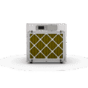 Unité de filtration d'air industrielle avec une grille jaune et blanche, dotée d'un panneau de commande numérique sur le dessus.