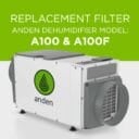 Replacement filter for Anden dehumidifier models A100 and A100F, featuring a sleek design and prominent logo.