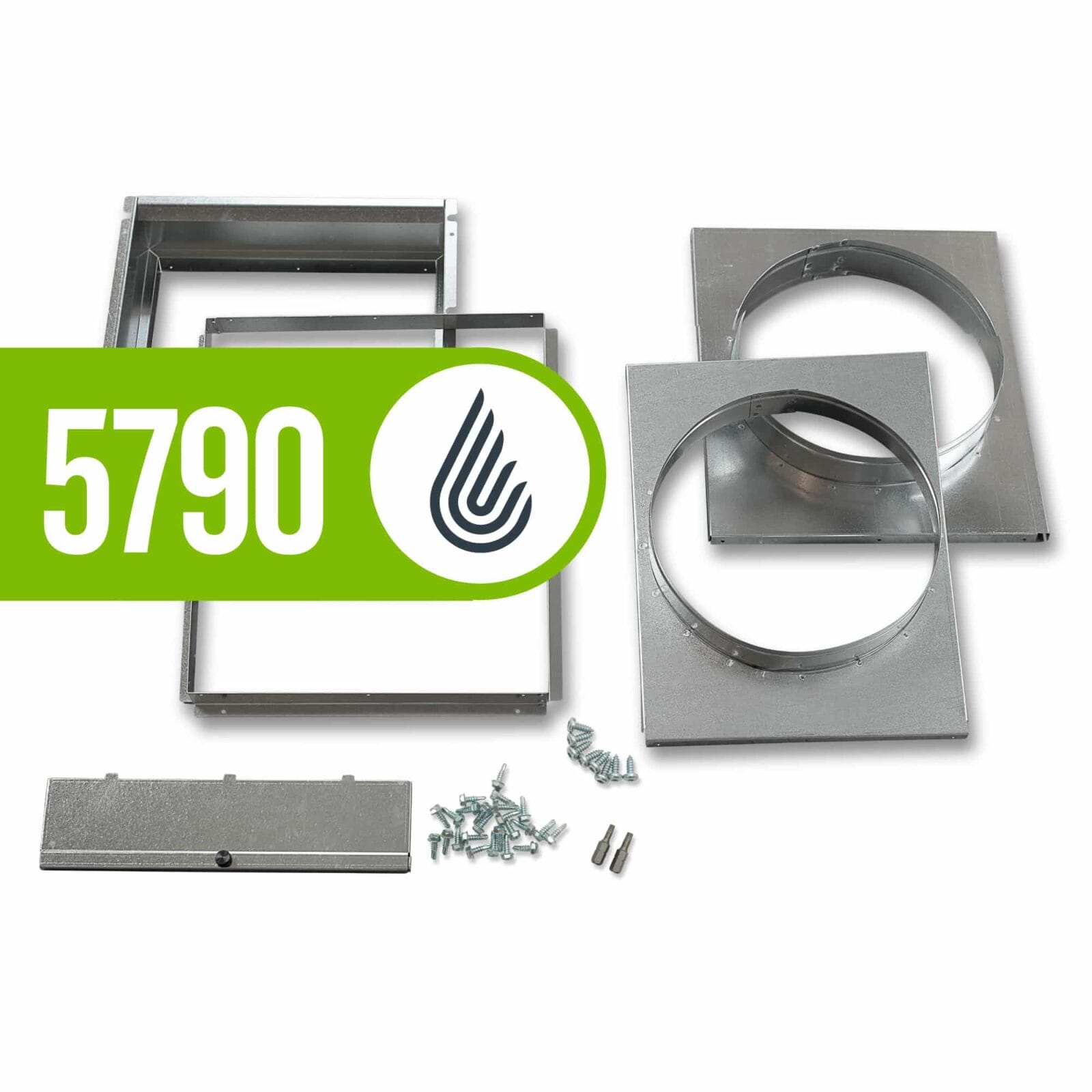 Metal ducting components, including frames, circular pieces, and screws, with a prominent green label reading "5790."