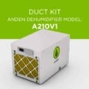 Anden A210V1 dehumidifier with a duct kit, featuring a yellow filter and a sleek white casing.