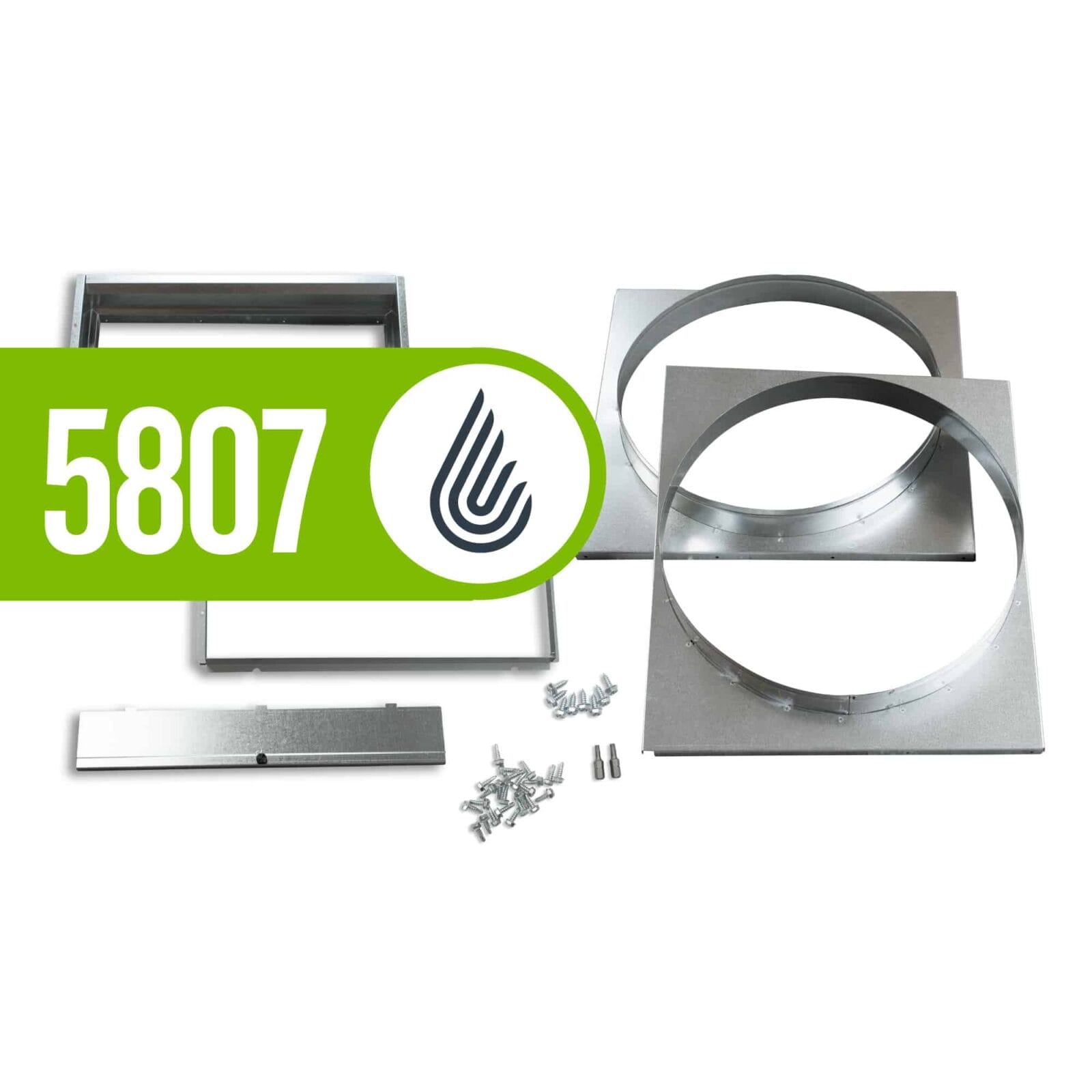 Metal ducting components, including two circular and two square frames, screws, and a green label with "5807."