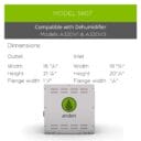 Specifications for Model 5807 dehumidifier, including dimensions for outlet and inlet with brand logo.