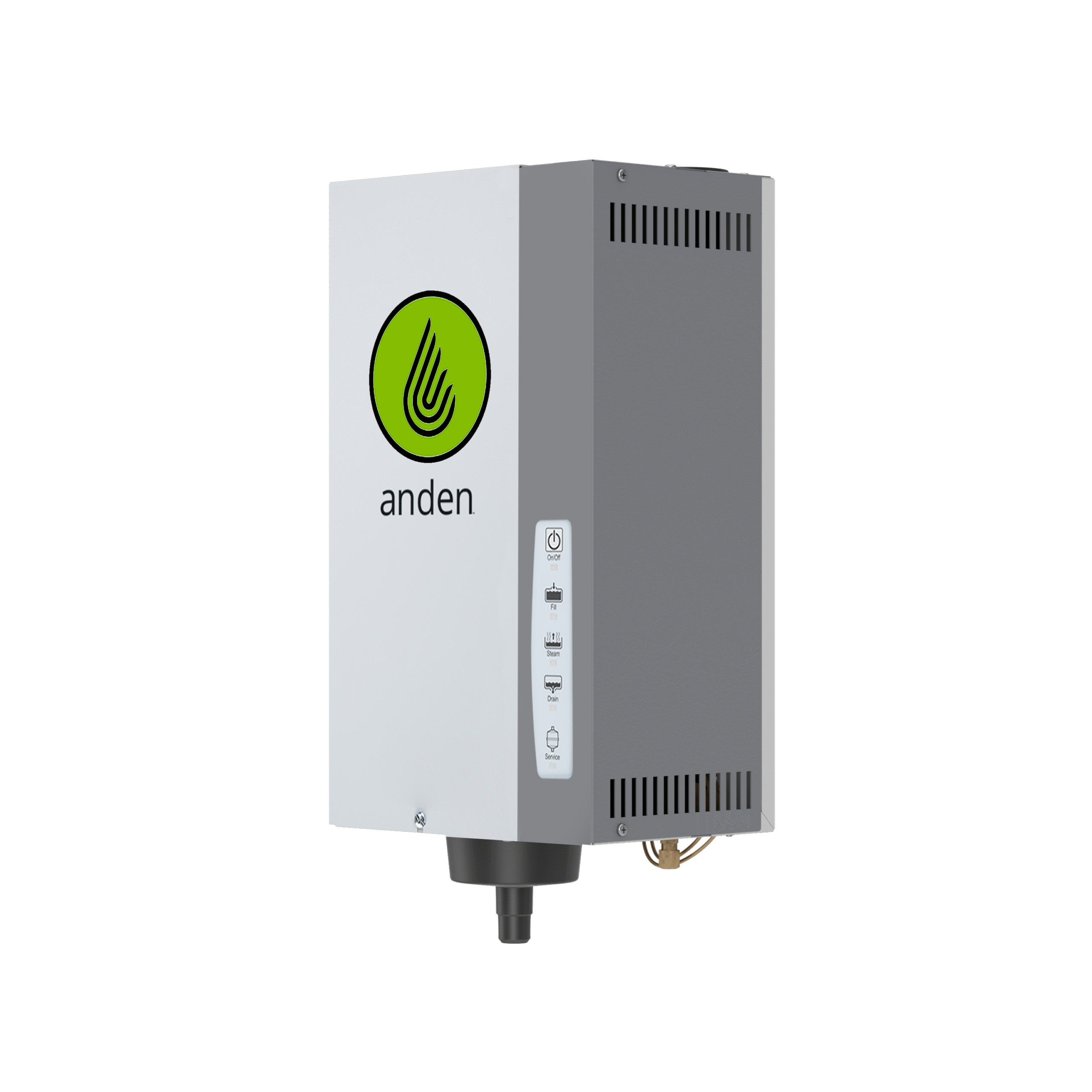 Anden humidifier with a green logo, control panel on the side, and a cylindrical outlet at the bottom.