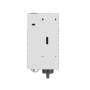 White rectangular device with various openings and a black connector at the bottom, set against a black background.