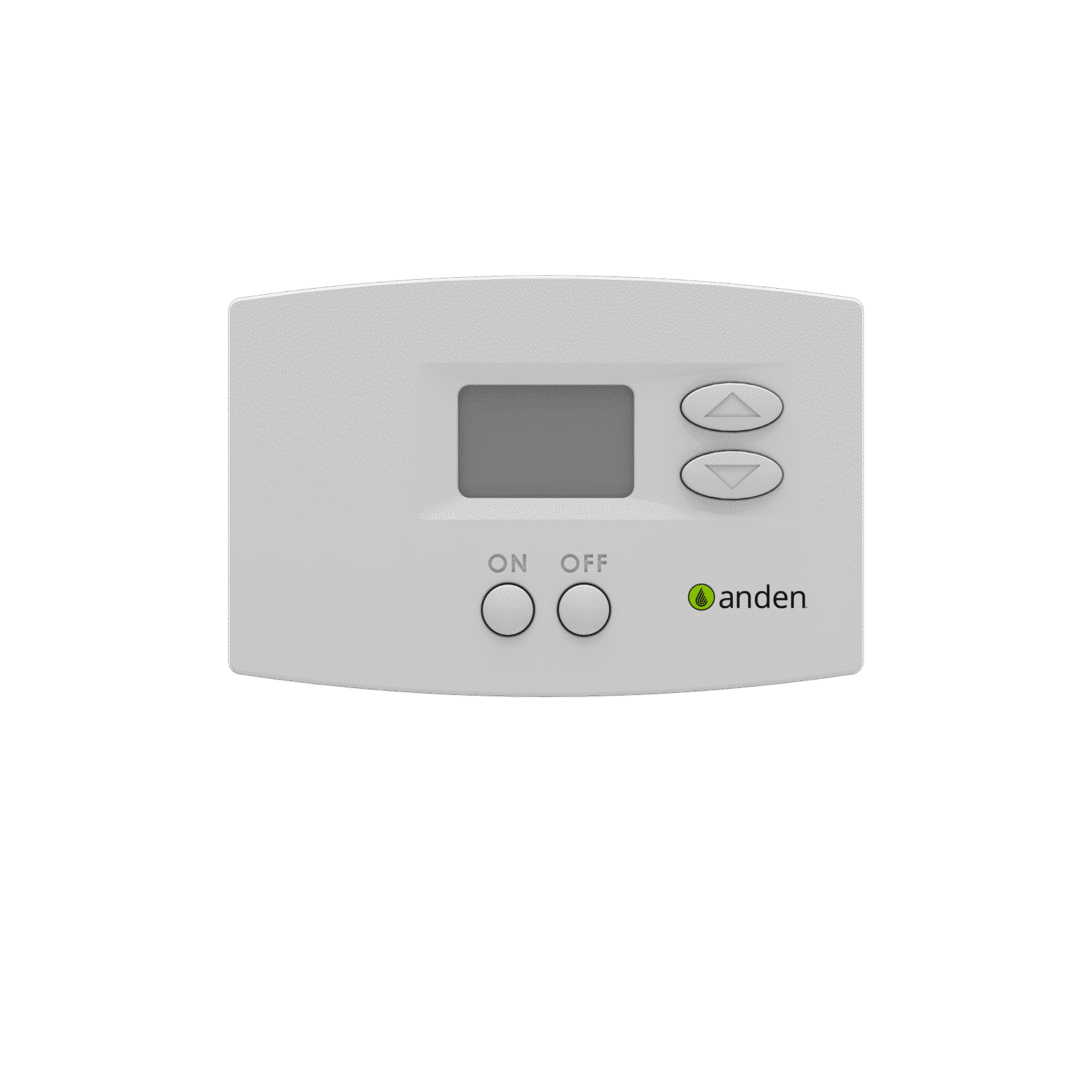 White control panel with a digital display, two buttons labeled "ON" and "OFF," and up/down arrows, branded "anden."