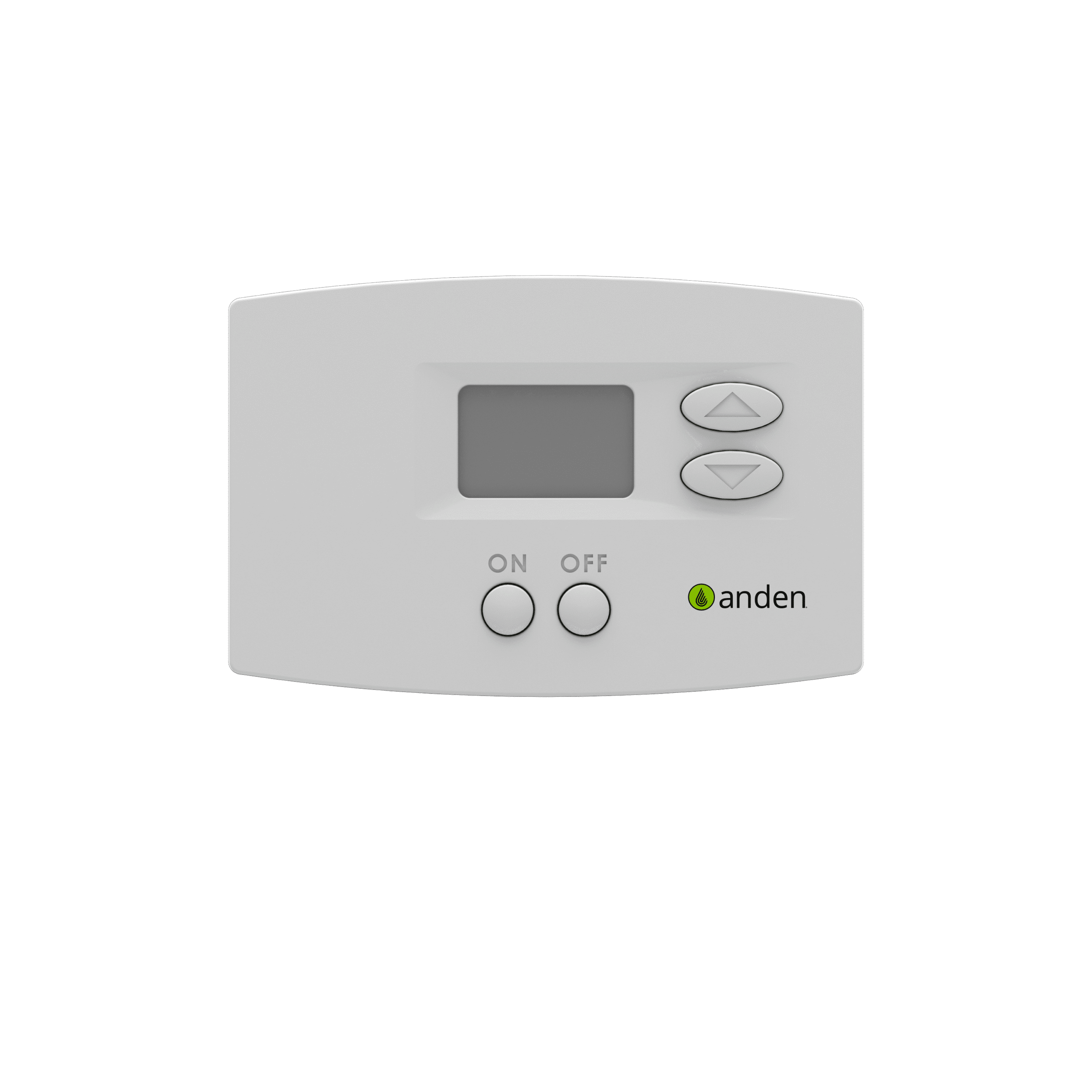 White control panel with a digital display, two buttons labeled "ON" and "OFF," and up/down arrows, branded "anden."
