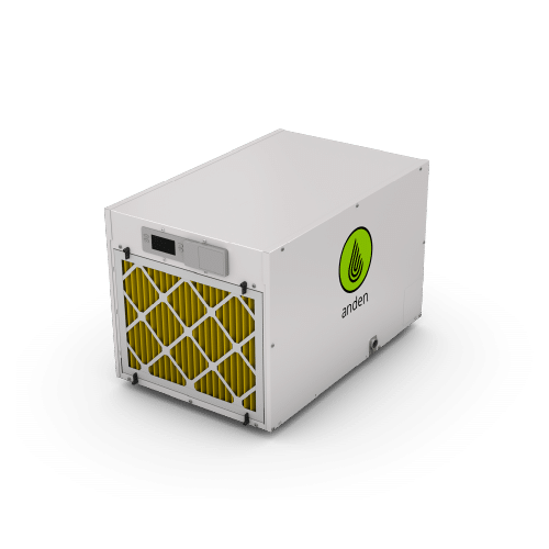 Déshumidificateur compact blanc avec filtre jaune et logo vert, conçu pour un contrôle efficace de l'humidité.