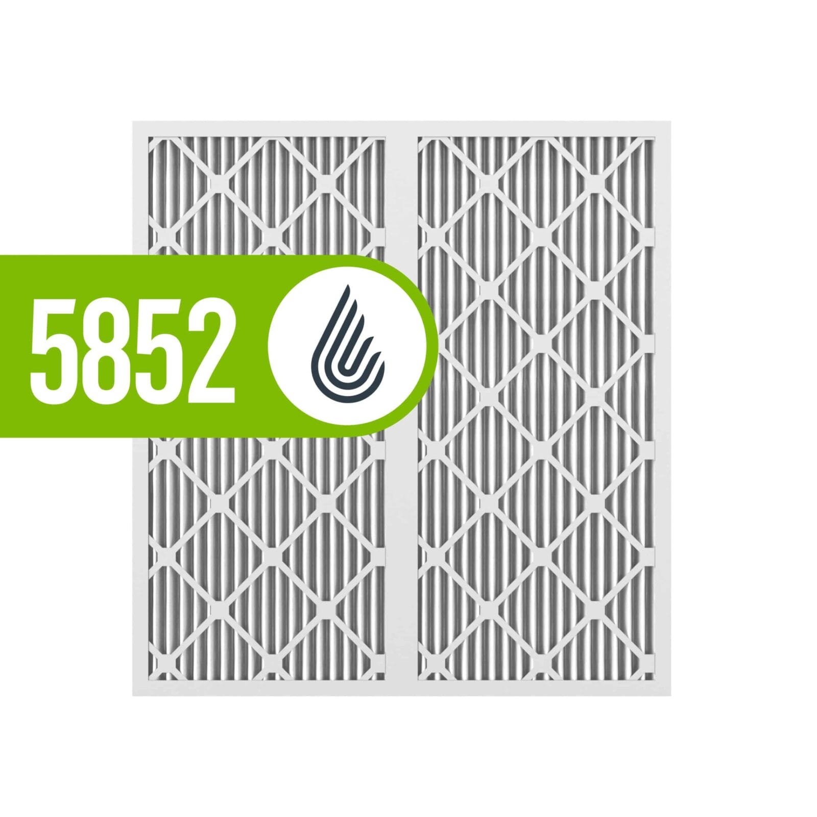 Filtre à air au design géométrique, portant l'inscription « 5852 » et arborant un logo en forme de goutte d'eau verte.