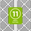 MERV 11 rating displayed on a green background next to a textured air filter with a hexagonal pattern.