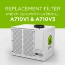 Replacement filter for Anden dehumidifier models A710V1 and A710V3, featuring a white casing and a green logo.