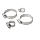 Four metal hose clamps of varying sizes, featuring adjustable screws for tightening, arranged on a white background.
