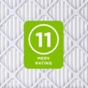 MERV rating 11 displayed on a green badge over a textured air filter background.