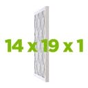 Air filter with a white frame and diamond pattern, dimensions 14 x 19 x 1 inches prominently displayed in green text.