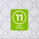 MERV rating 11 displayed on a green badge over a textured air filter background.
