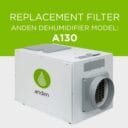 Replacement filter for Anden dehumidifier model A130, featuring a sleek white design and prominent logo.