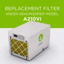 Replacement filter for Anden dehumidifier model A210VI, featuring a yellow filter and a sleek white casing.