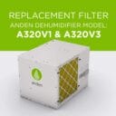 Filtre de rechange pour déshumidificateurs Anden A320V1 et A320V3, avec un motif en maille jaune et un logo sur fond blanc.