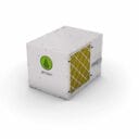 White air conditioning unit with a yellow filter and green logo, designed for efficient climate control.