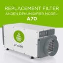 Replacement filter for Anden A70 dehumidifier, featuring a sleek design and prominent logo on a green background.