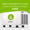 Replacement filter for Anden A95F dehumidifier, featuring a green logo and a sleek white design on wheels.