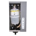 A gray control unit with a transparent water reservoir, labeled caution signs, and buttons for operation and maintenance.