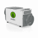 Unité de traitement d'air compacte blanche avec une grille d'aération circulaire et un logo vert portant le mot « anden ».