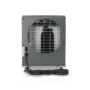 Unité de climatisation compacte grise avec une grille de ventilateur circulaire et un cordon d'alimentation, présentant un intérieur noir.