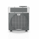 Unité de climatisation compacte avec une grille avant circulaire et un design gris élégant, dotée d'une poignée supérieure pour faciliter son transport.