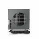 Vue arrière d'un ventilateur gris compact avec grille de protection et cordon d'alimentation, mettant en valeur son design et sa fonctionnalité.