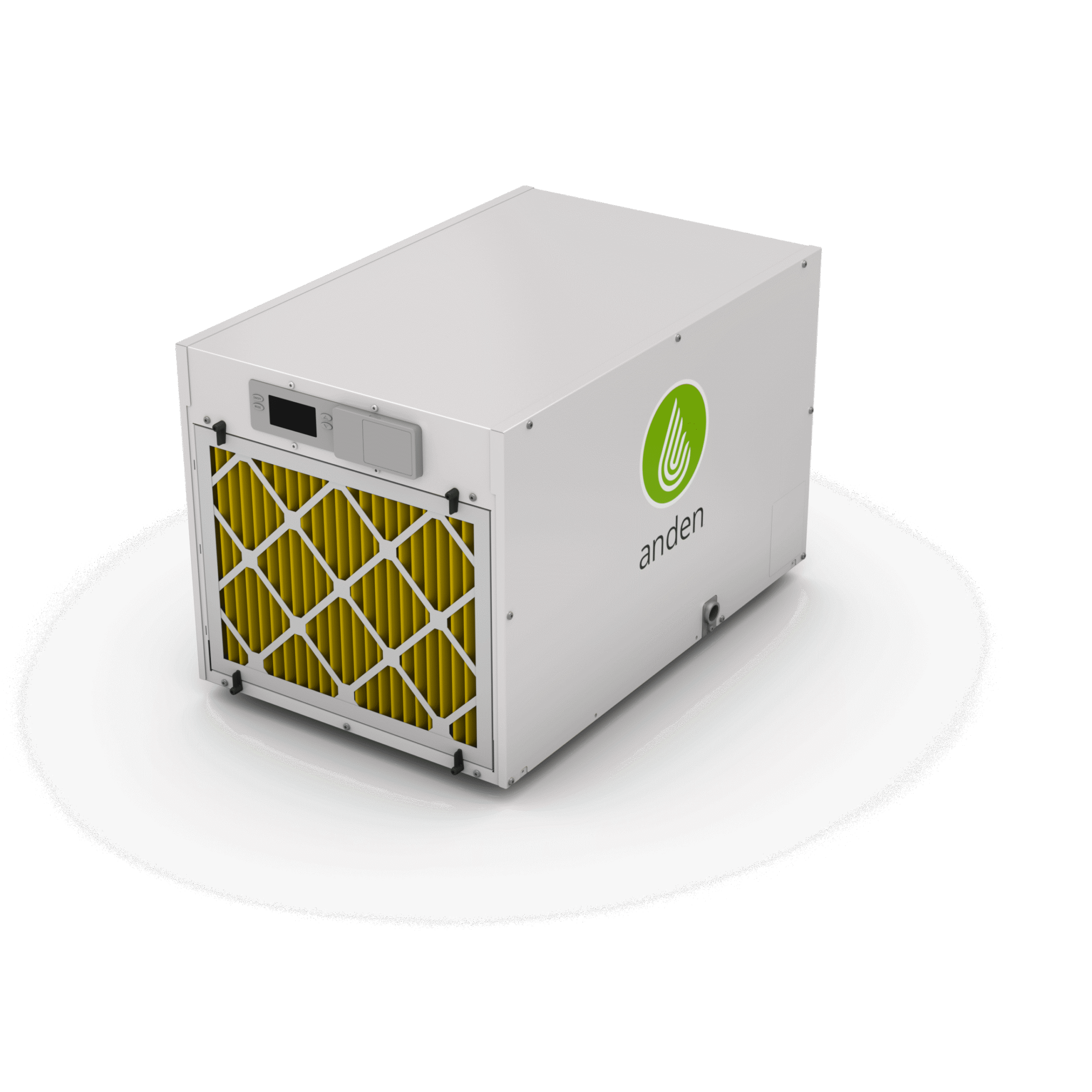 Unité de climatisation compacte blanche avec filtre jaune et logo vert, conçue pour une régulation climatique efficace.