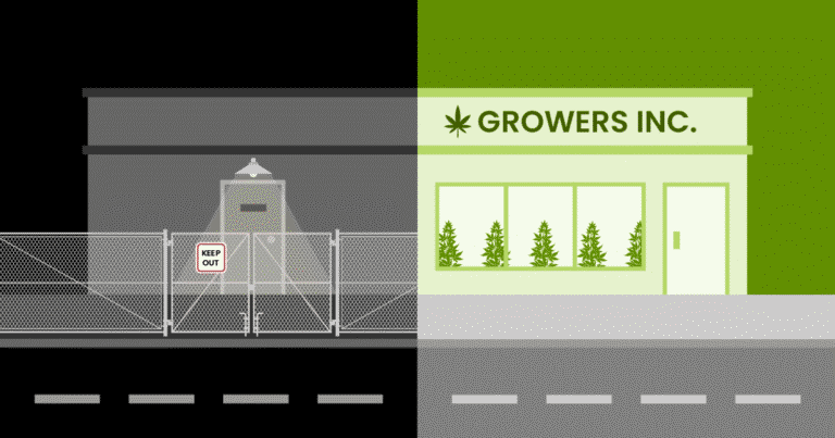 Divided scene showing a dark, fenced area with a "Keep Out" sign on one side and a bright storefront labeled "GROWERS INC." on the other.