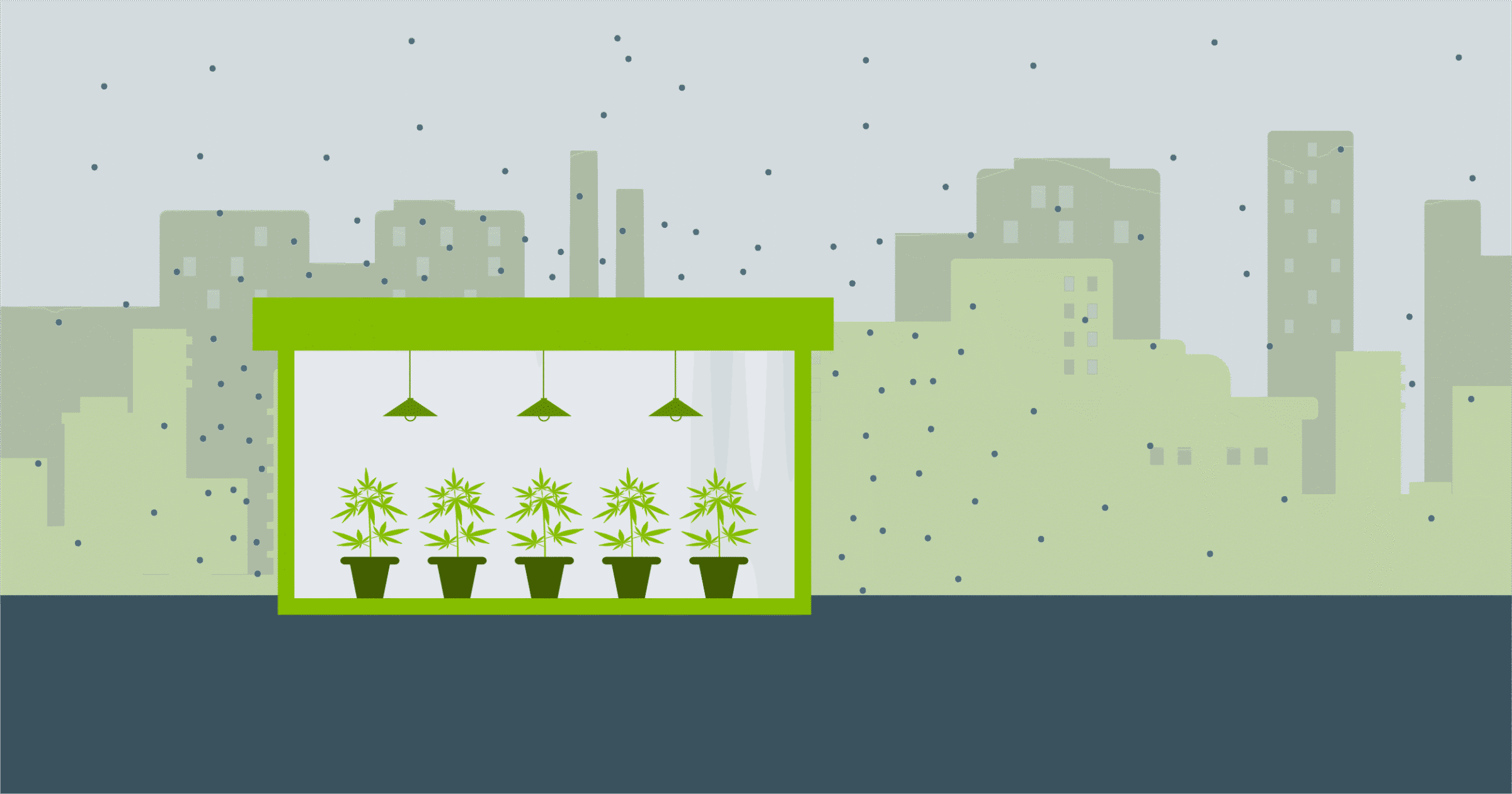 Greenhouse with potted plants under hanging lights, set against a city skyline with a muted color palette.