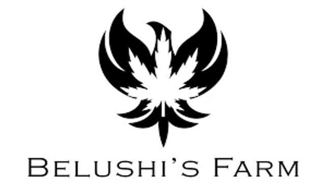Logo noir stylisé représentant un phénix et une feuille d'érable, avec le texte «&nbsp;Belushi's Farm&nbsp;» en dessous.