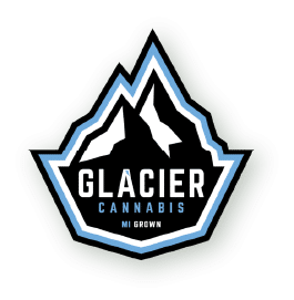 Logo présentant un motif de montagne stylisé avec les inscriptions « GLACIER CANNABIS » et « MI GROWN » en caractères gras.