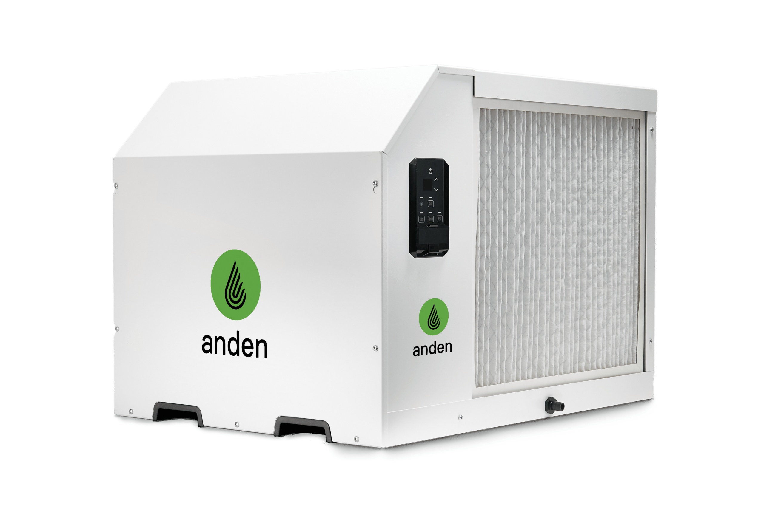 White Anden dehumidifier with pleated filter and control panel.