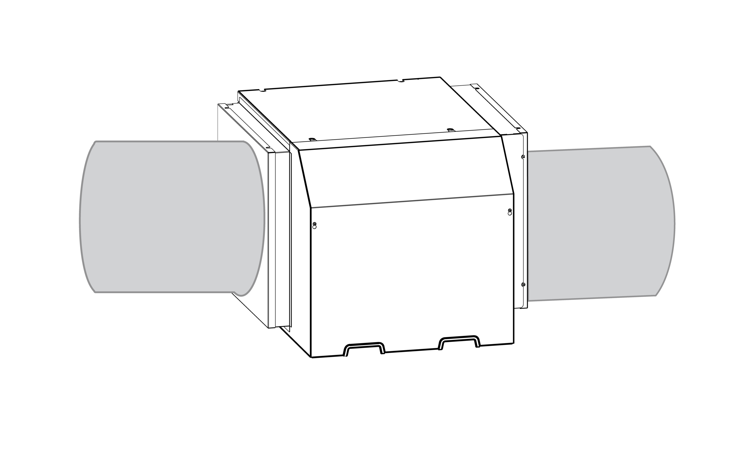 Schéma d'un déshumidificateur avec des colliers de conduits fixés à la fois du côté de l'entrée et de la sortie, se raccordant au réseau de conduits.