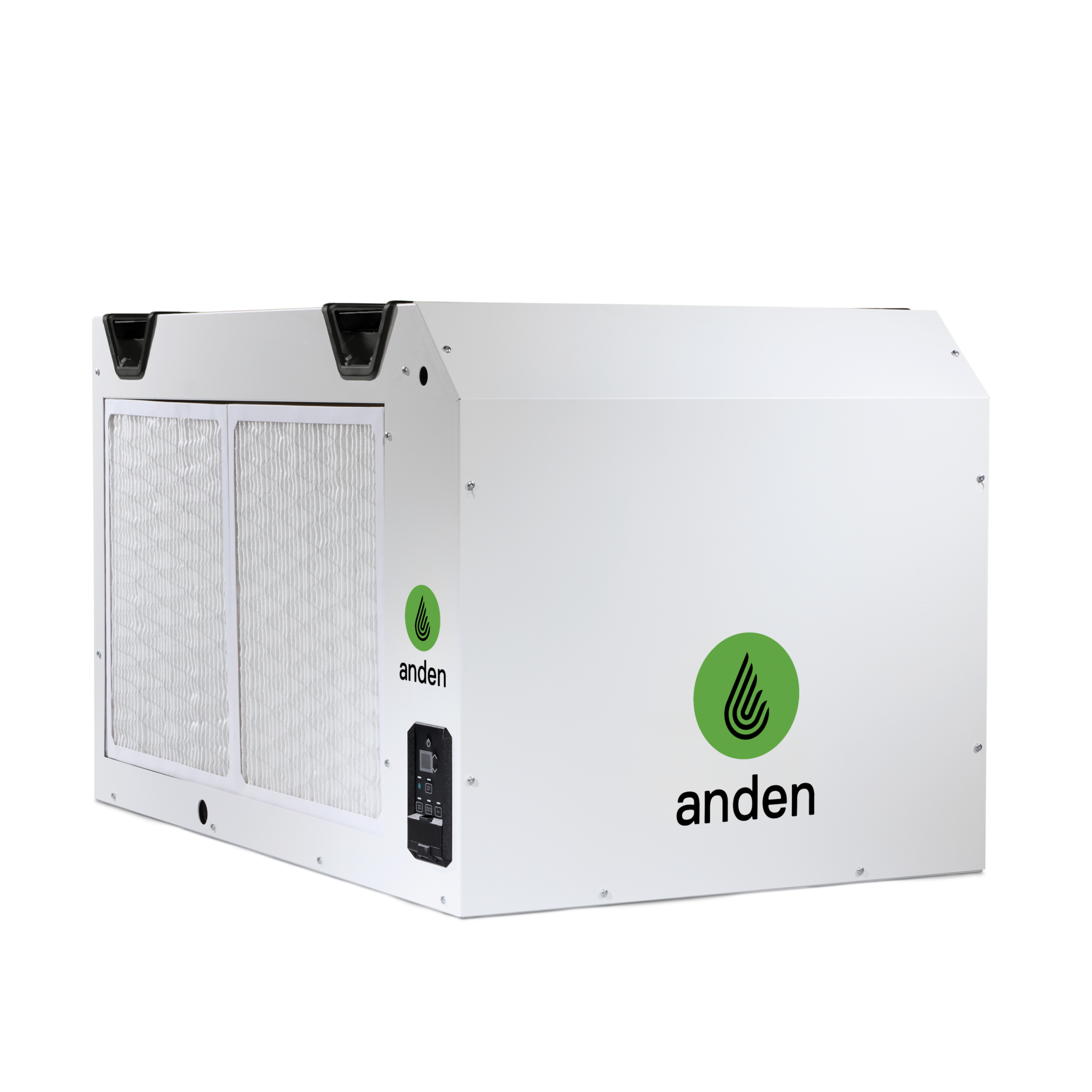 Large white dehumidifier with pleated filters, digital control panel, and "anden" logo.