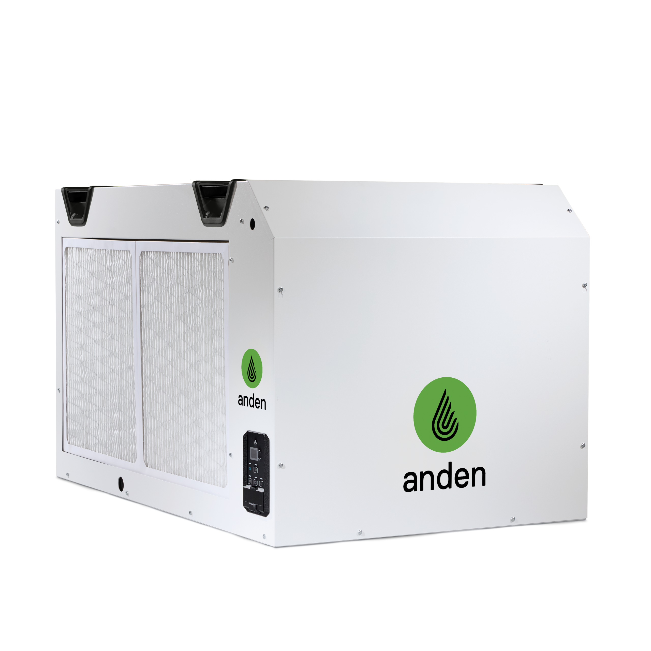 Large white dehumidifier with pleated filters, digital control panel, and "anden" logo.