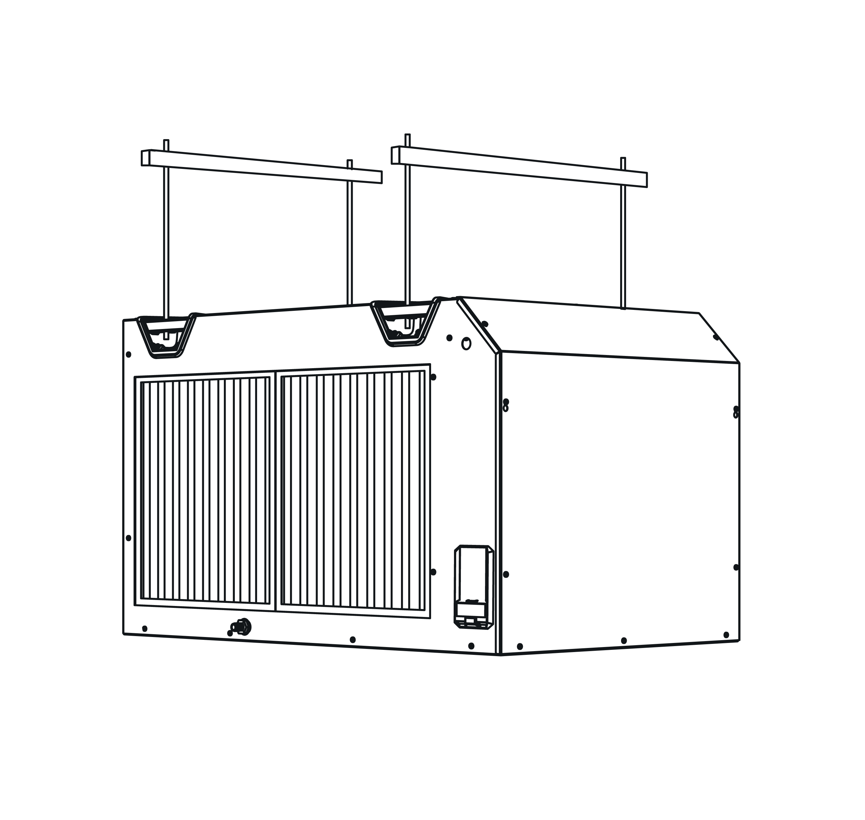Line drawing of a suspended air filtration unit with two large grilles.
