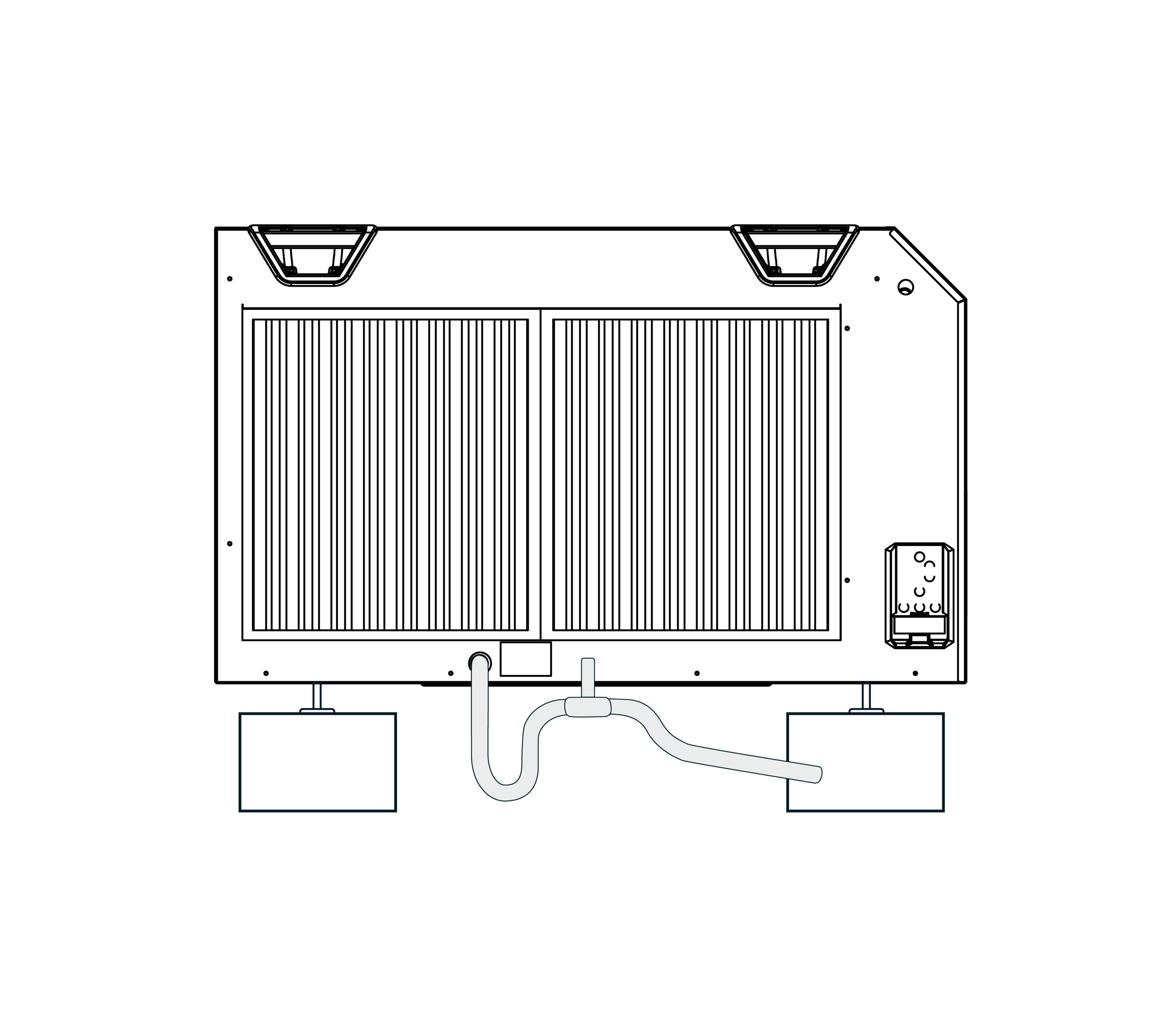 Line drawing of a refrigerator condenser unit with two grilles and a drain tube.