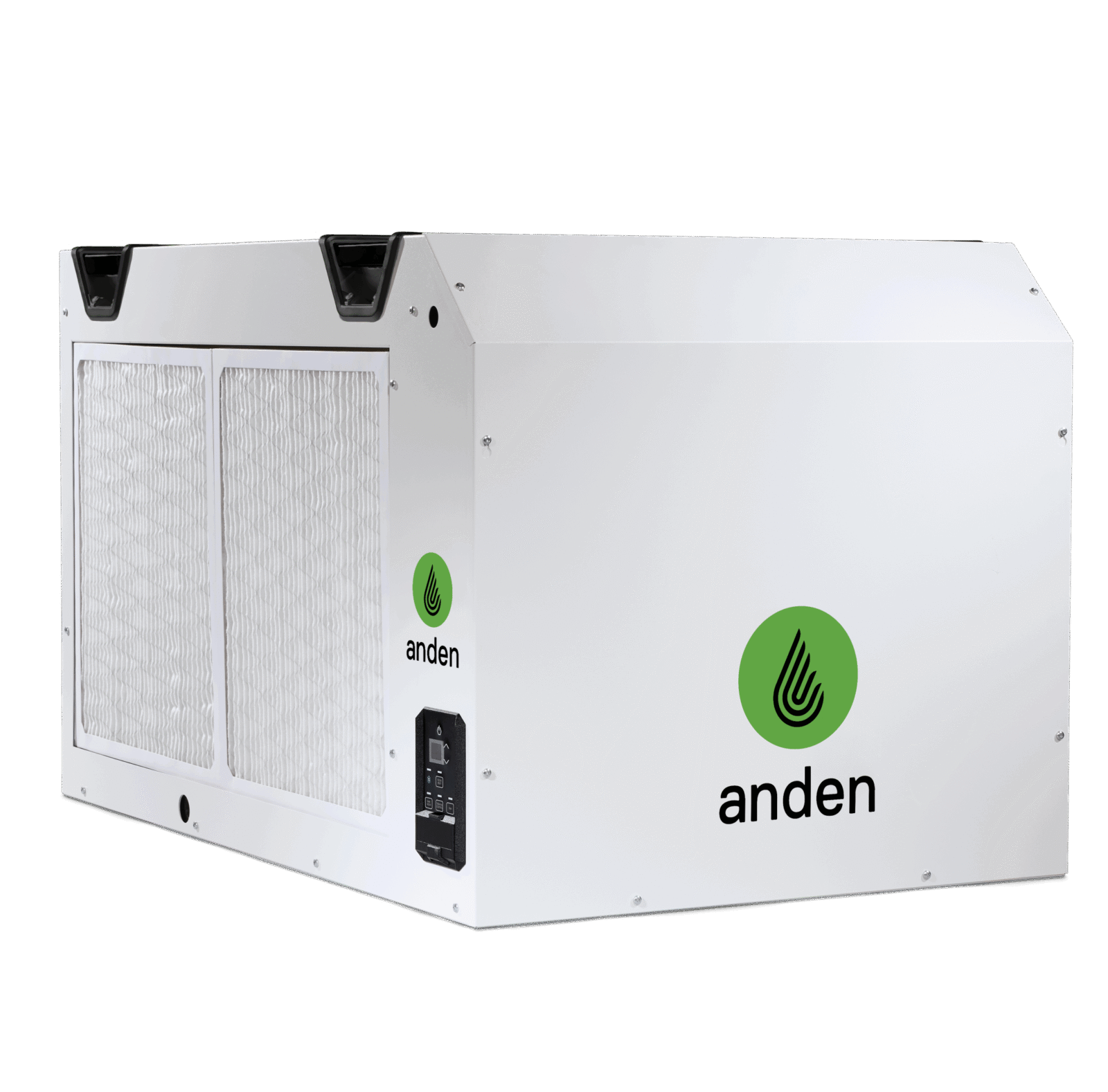 White Anden air purifier with two filters and green logo.